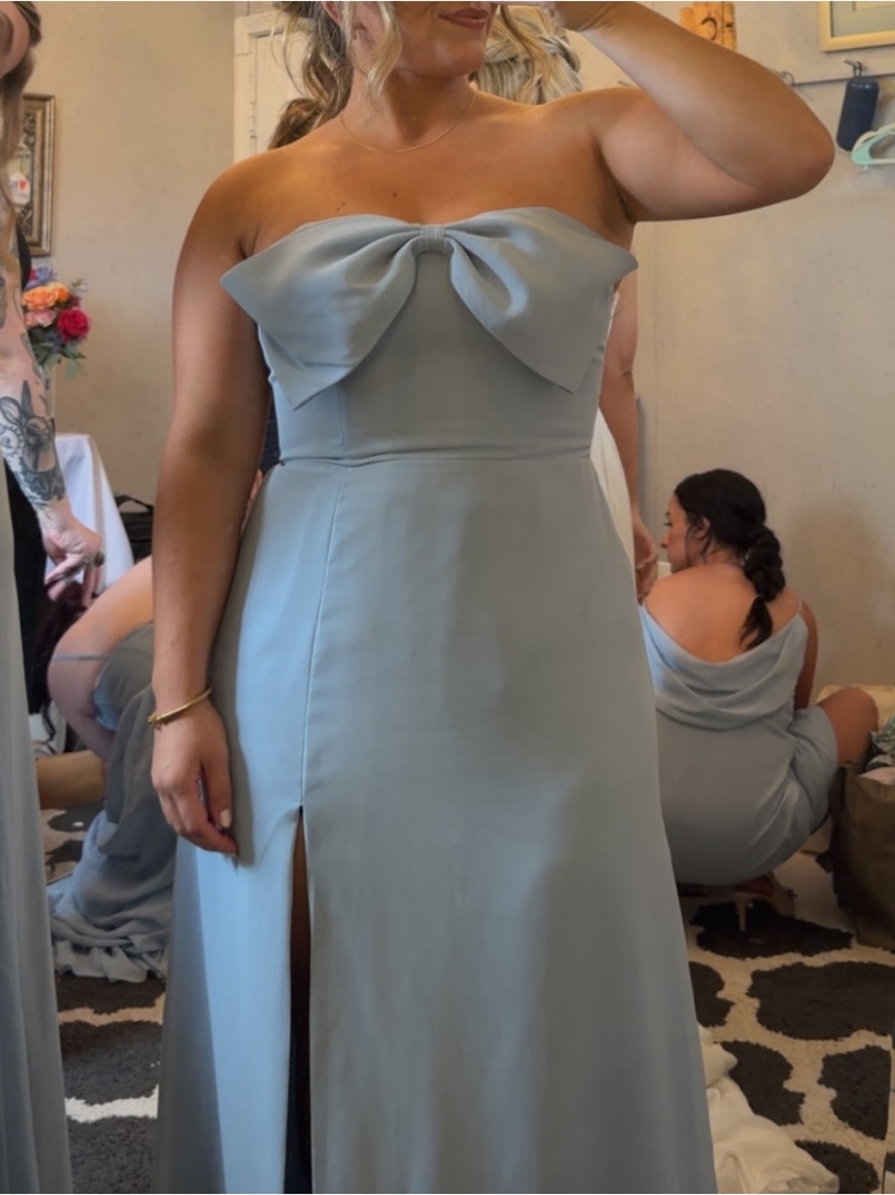 Revelry Strapless Bow Front Light Blue Bridesmaids Dress